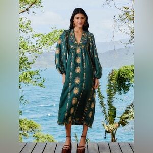 FARM Rio Green Embroidered Premium Linen balloon sleeve Maxi Dress Size 4 S NWT